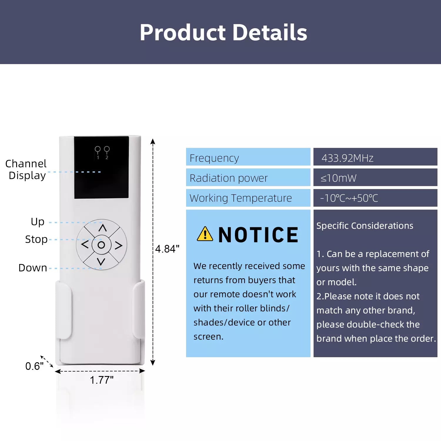 Sortfle AC114-02 Remote Control (RF 433.92MHz) 2 Channel Wireless Blinds Controller for Motorized Roller Shades and Blinds