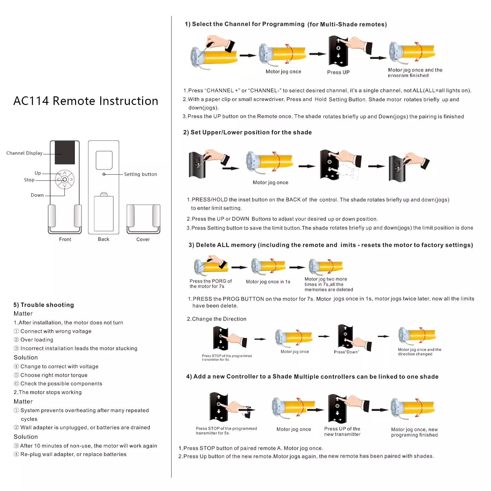 Sortfle AC114-01 Remote Control (RF 433.92MHz) 1 Channel Wireless Blinds Controller for Motorized Roller Shades and Blinds