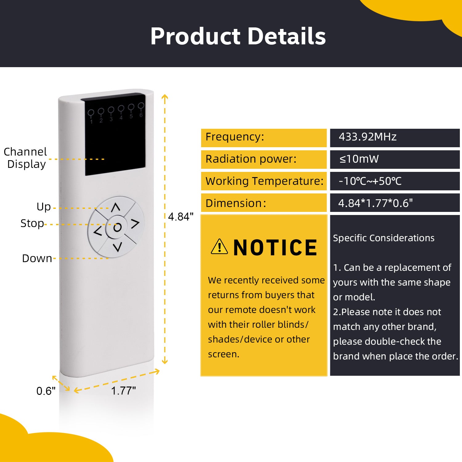 Sortfle AC114-06 Remote Control (RF 433.92MHz) 6 Channel Wireless Blinds Controller for Motorized Roller Shades and Blinds