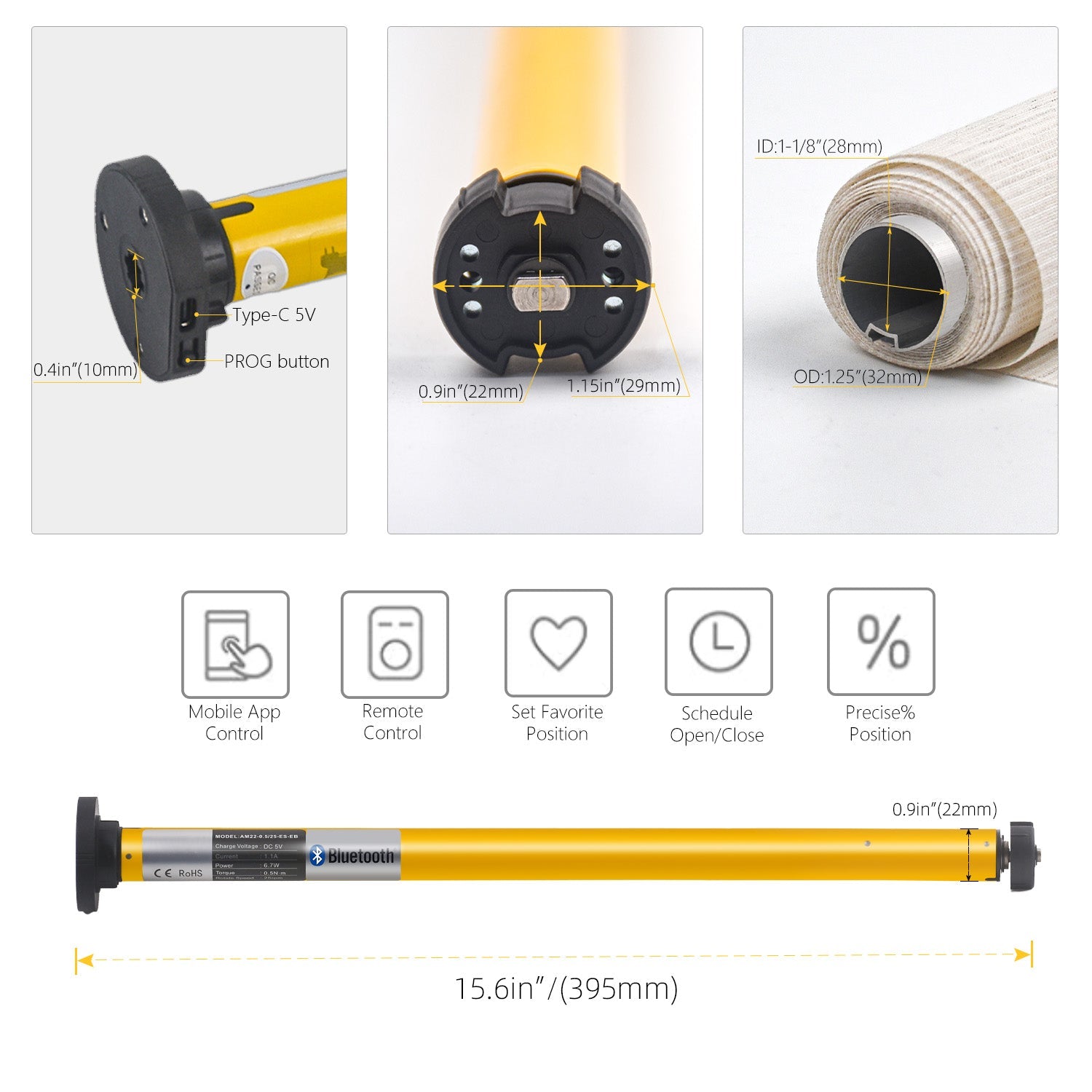 Motor de persianas inteligentes Sortfle Bluetooth, tubo de sombra de 1-1/4" (32 mm), recargable