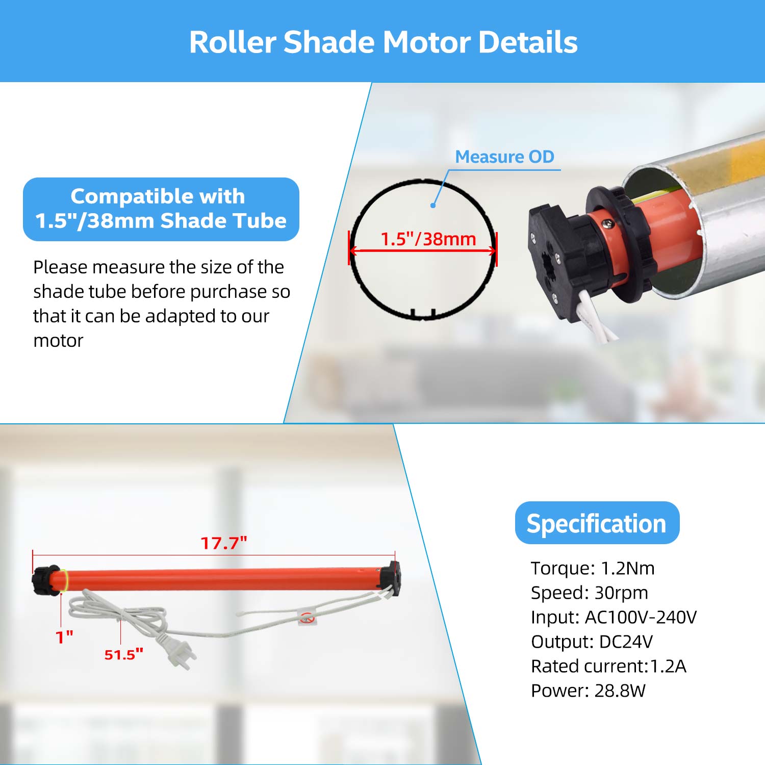 AM25-MEL-P Electric Blinds Motor Remote Control for 1.5 Inch Shade Tube，AC100-240V